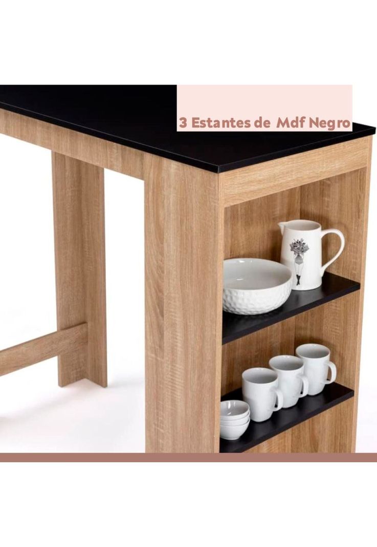 Mesa de cocina organizadora alta color madera con cubierta negra-4