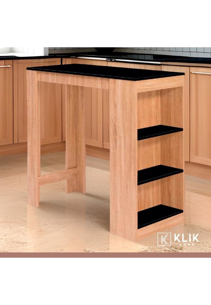 Mesa de cocina organizadora alta color madera con cubierta negra-7