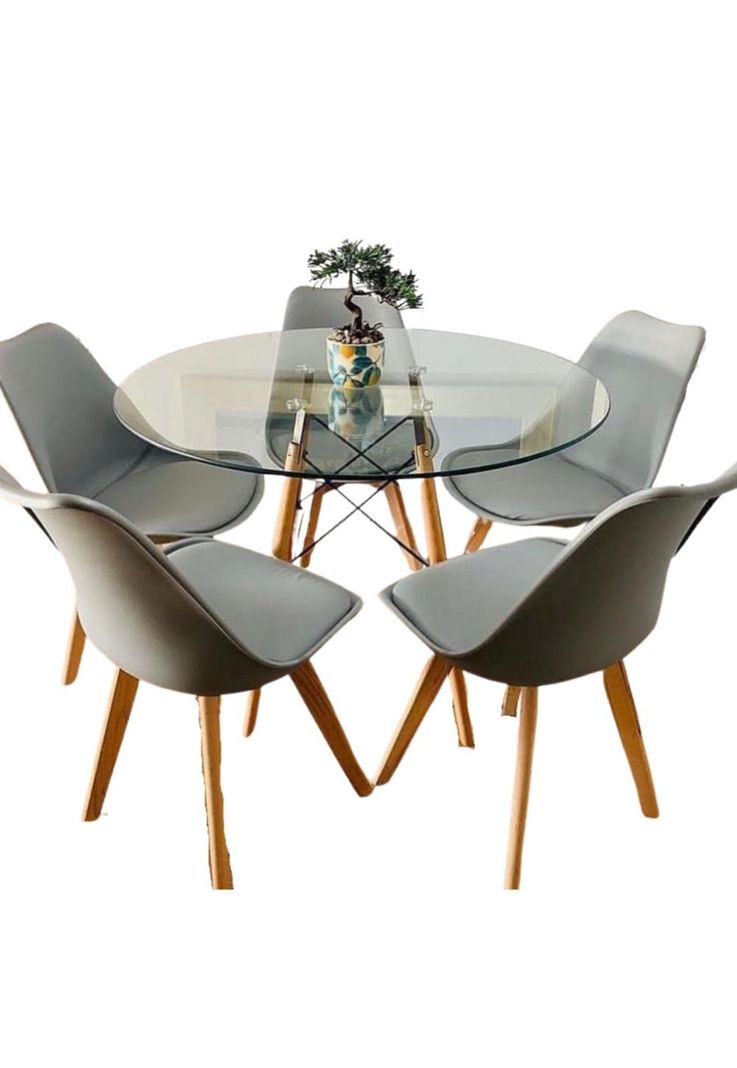 Comedor Mesa Eames Vidrio 100 cm + 5 Sillas Tulip Grises-0