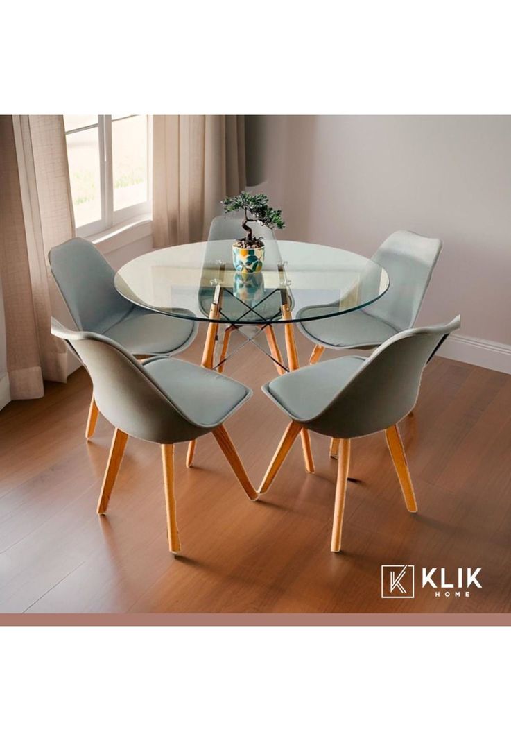 Comedor Mesa Eames Vidrio 100 cm + 5 Sillas Tulip Grises-1