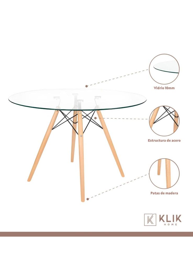 Comedor Mesa Eames Vidrio 100 cm + 5 Sillas Tulip Grises-2