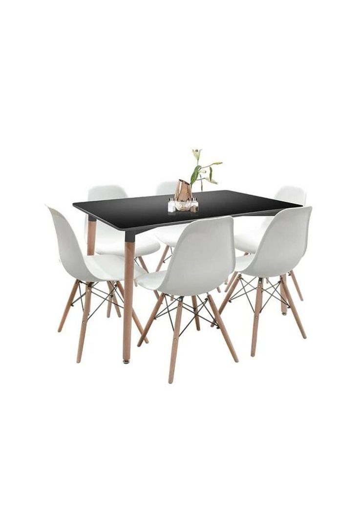 Comedor Mesa Rectangular Negra + 6 Sillas Eames Blancas-0