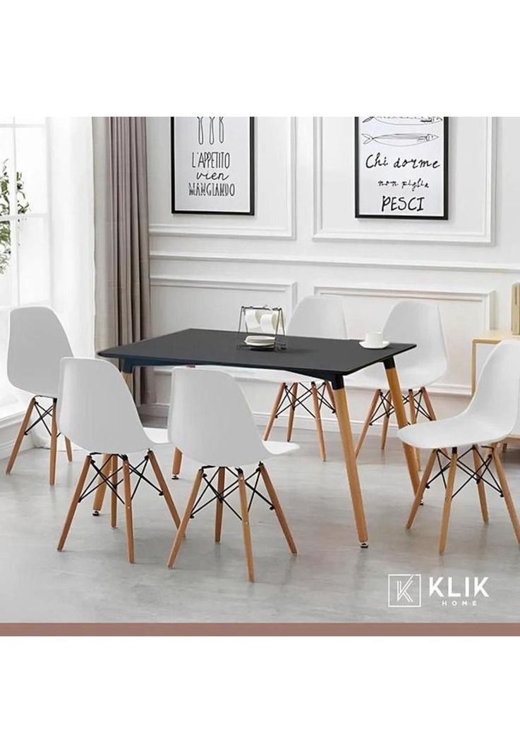Comedor Mesa Rectangular Negra + 6 Sillas Eames Blancas-1