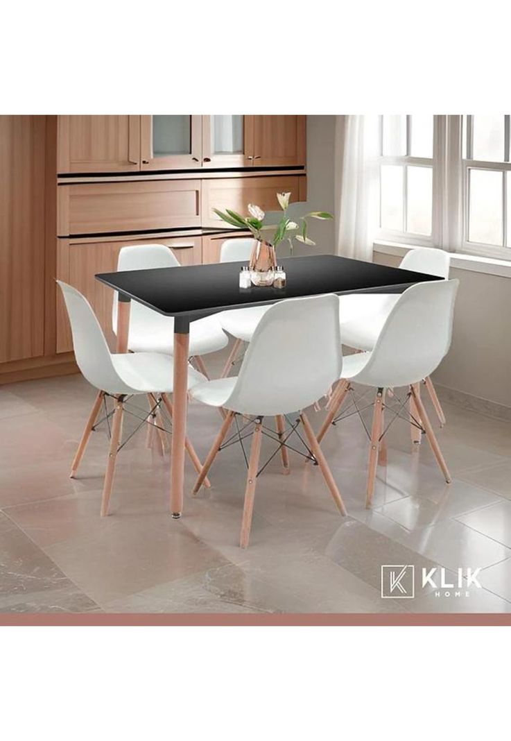 Comedor Mesa Rectangular Negra + 6 Sillas Eames Blancas-7