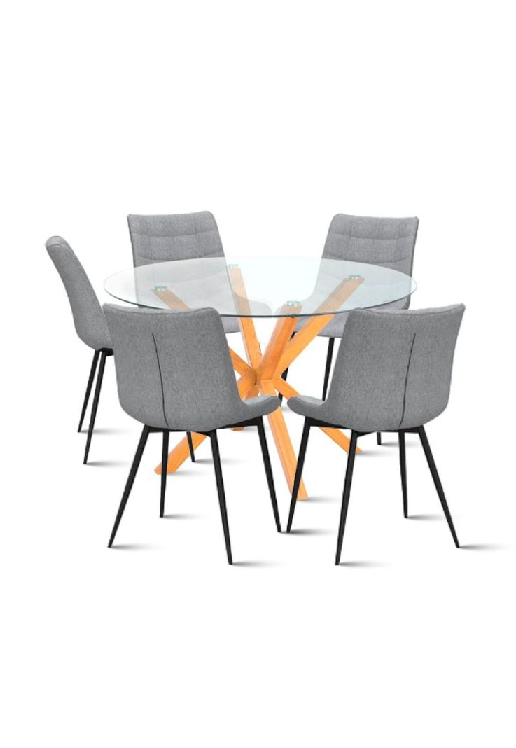 Comedor Mesa redonda de vidrio Cross 120cm + 5 Silla Macron Terciopelo - Gris-0