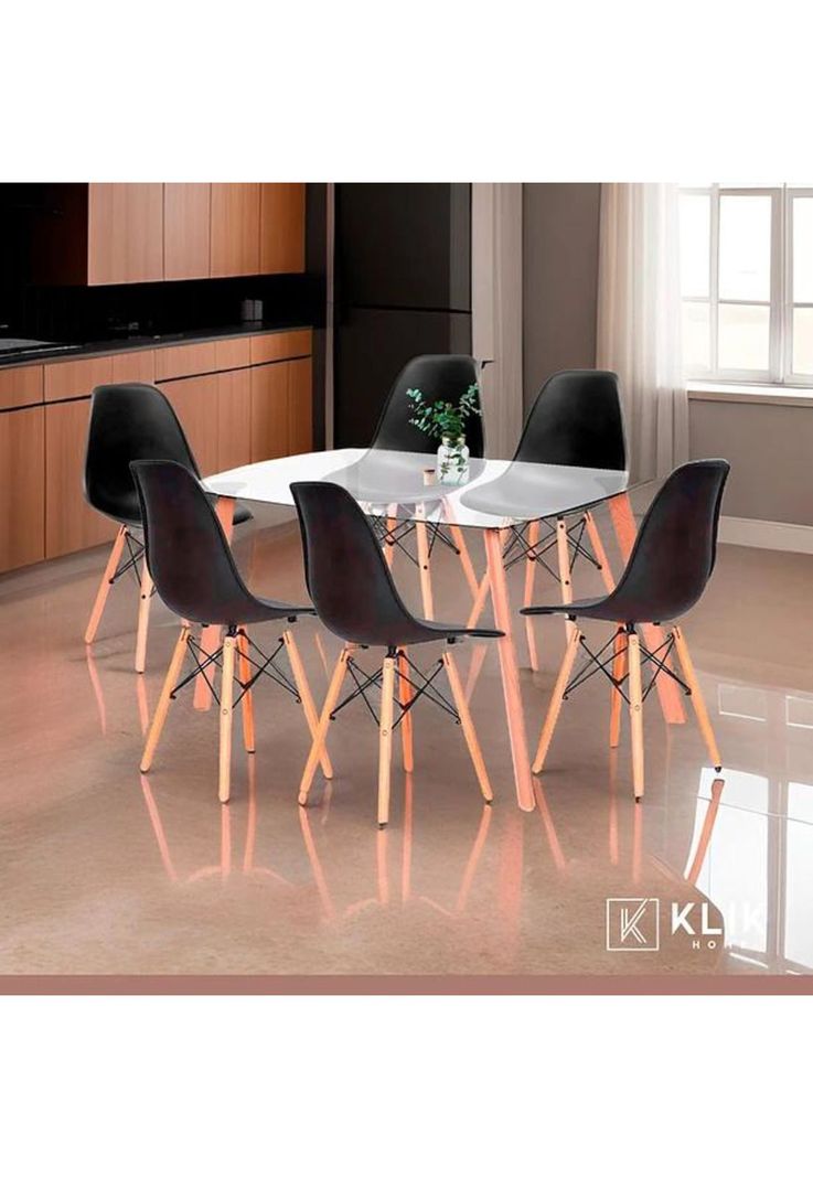 Comedor Mesa de Vidrio Nórdica 140x90 cm + 6 Sillas Eames Negras-1