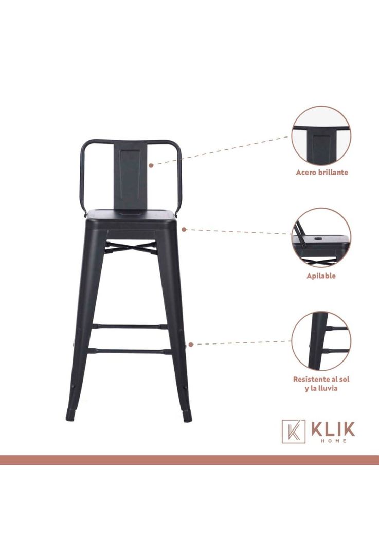 Taburete Tolix Acero con Respaldo para Bar o Terraza - Negro-2
