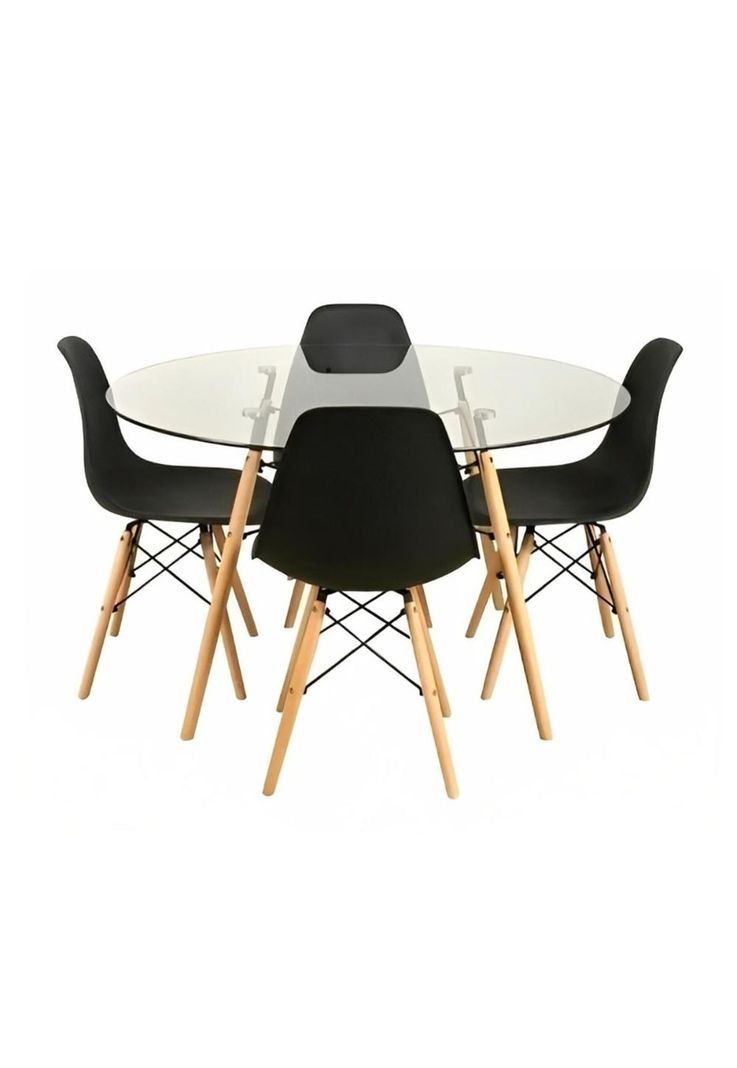 Comedor Mesa Eames Vidrio 100cm + 4 Sillas Eames Negras-0