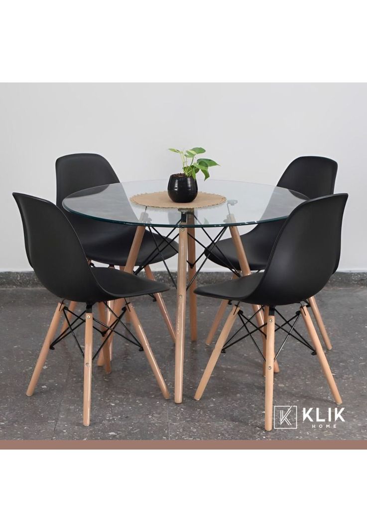 Comedor Mesa Eames Vidrio 100cm + 4 Sillas Eames Negras-1