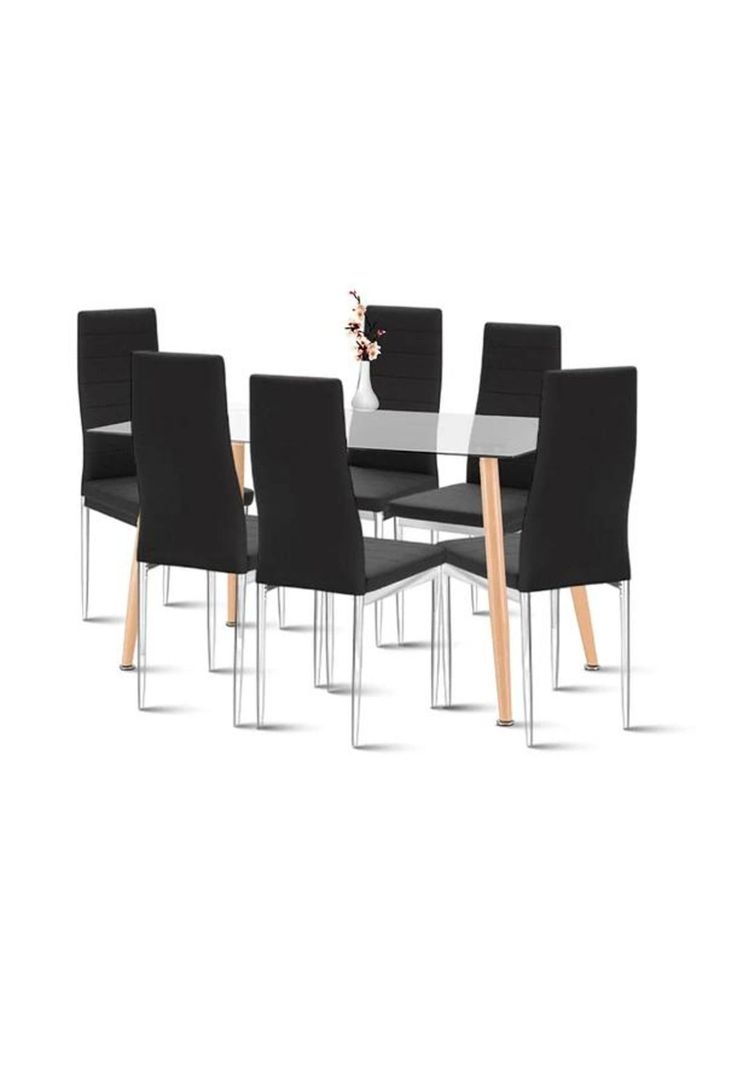 Comedor Mesa de Vidrio Rectangular 120x80 + 6 Sillas Dining Liana Acolchadas - Negras-0