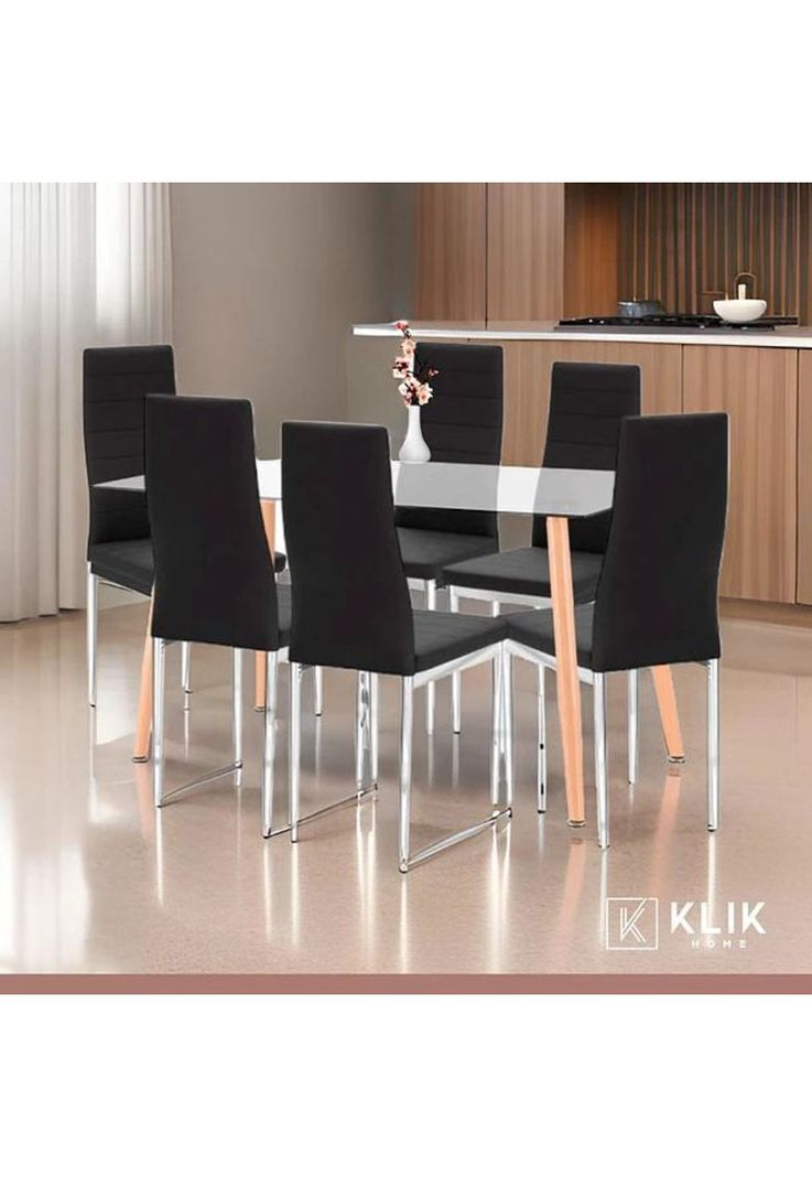 Comedor Mesa de Vidrio Rectangular 120x80 + 6 Sillas Dining Liana Acolchadas - Negras-1