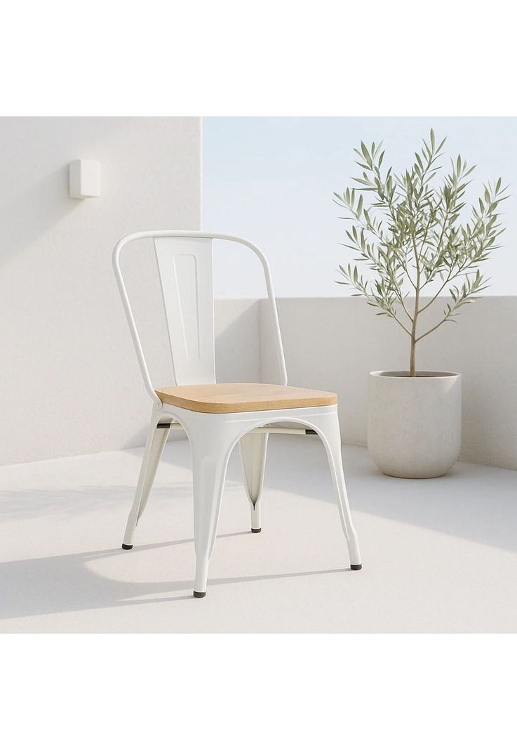 Silla Tolix con asiento de madera clara - Blanca-1