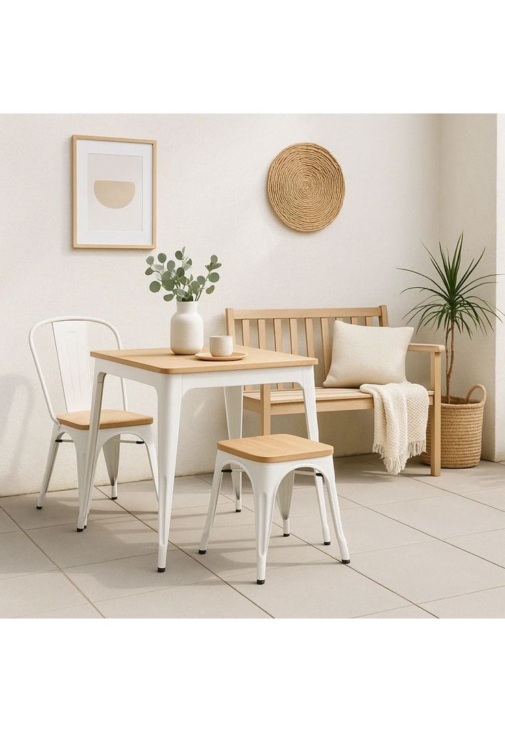 Silla Tolix con asiento de madera clara - Blanca-2