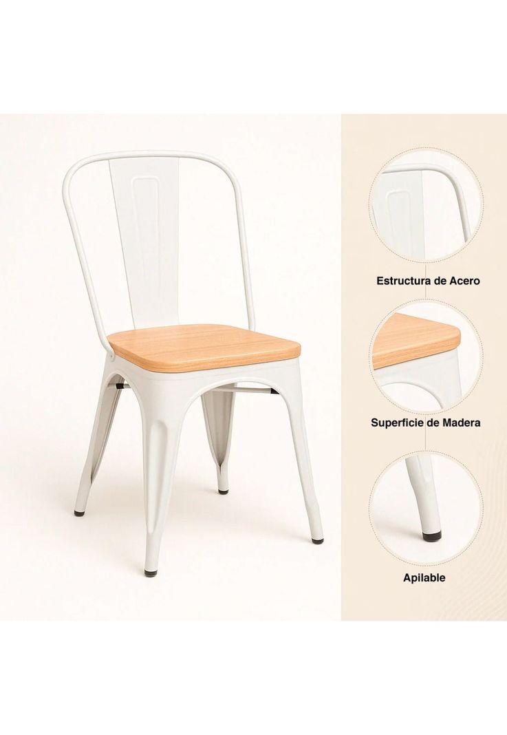 Silla Tolix con asiento de madera clara - Blanca-4