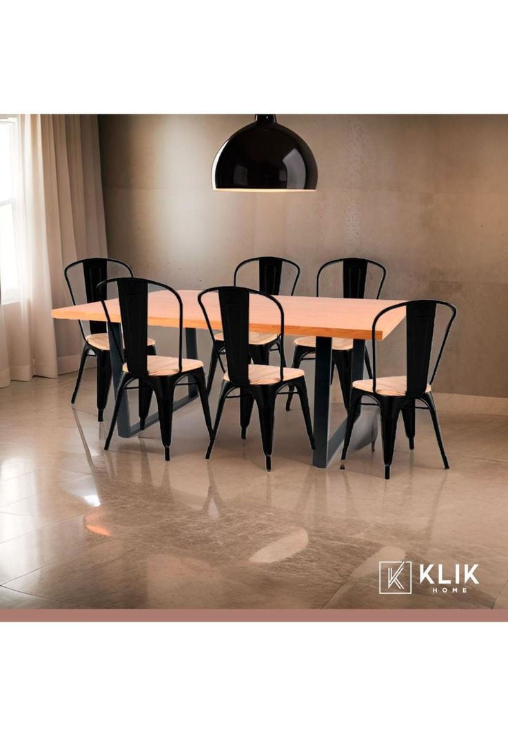 Comedor Industrial 140x90 Madera Clara + 6 sillas Tolix Negras con asiento de madera Clara-1