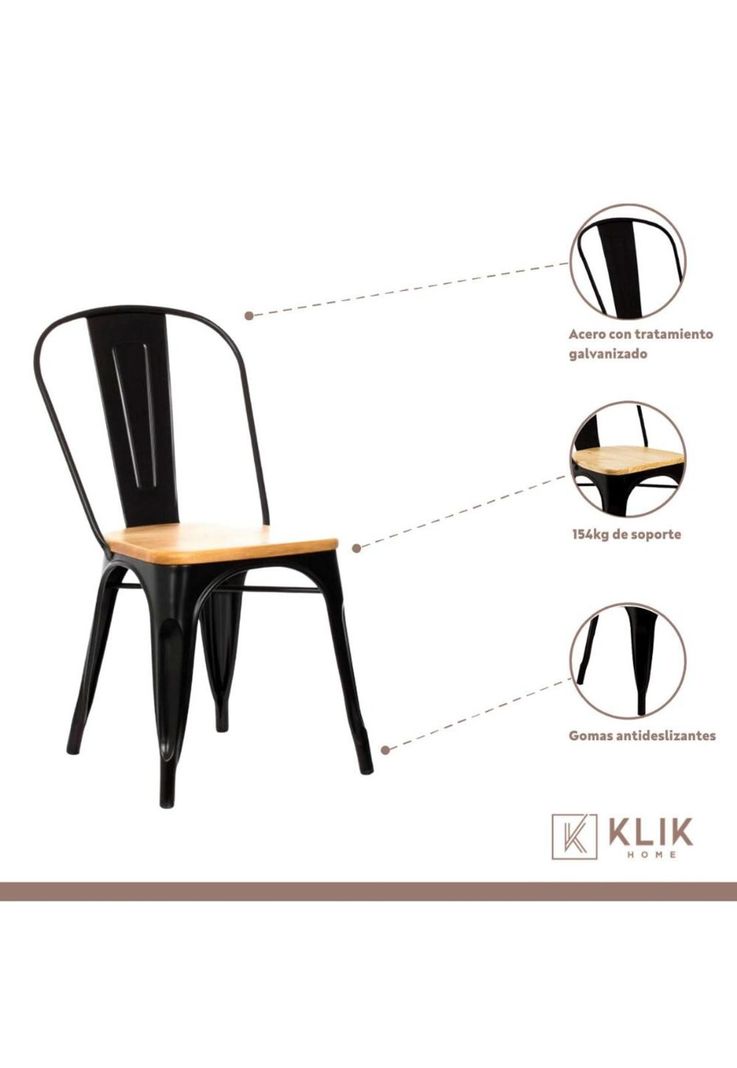 Comedor Industrial 140x90 Madera Clara + 6 sillas Tolix Negras con asiento de madera Clara-3