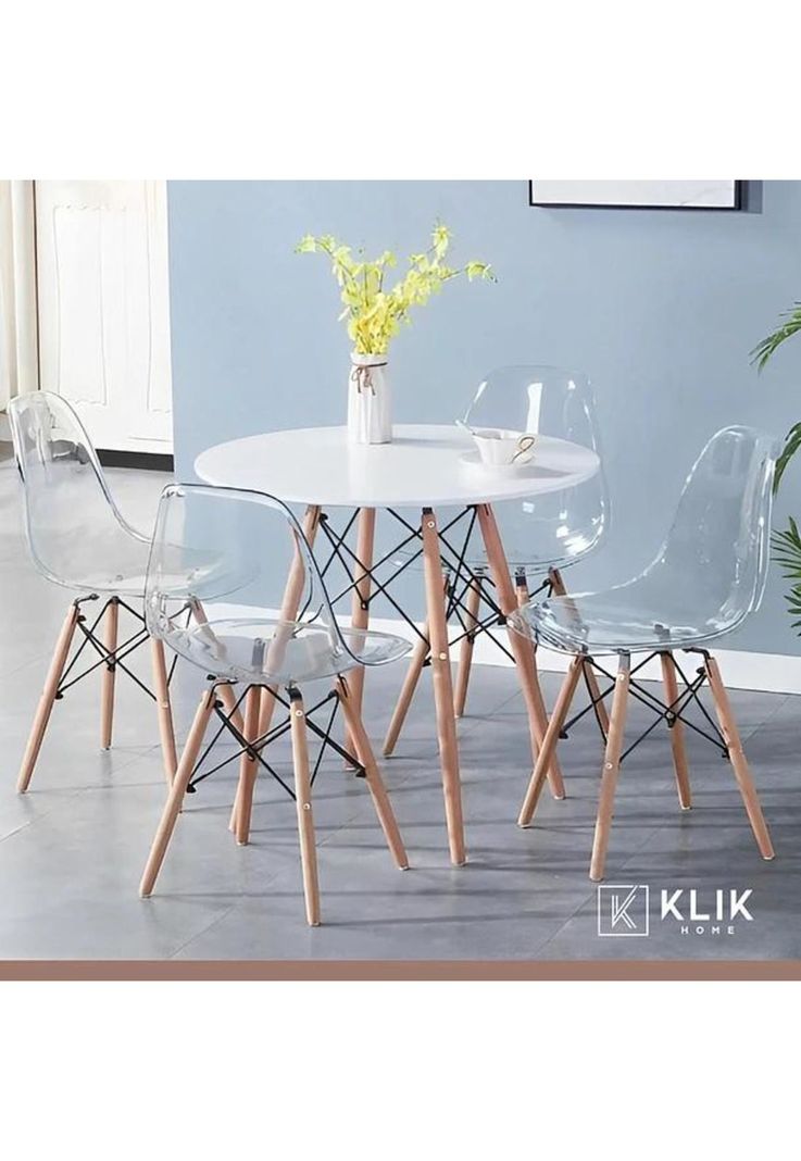 Comedor Mesa Eames Redonda Blanca 80cm + 4 Sillas Eames transparentes-1