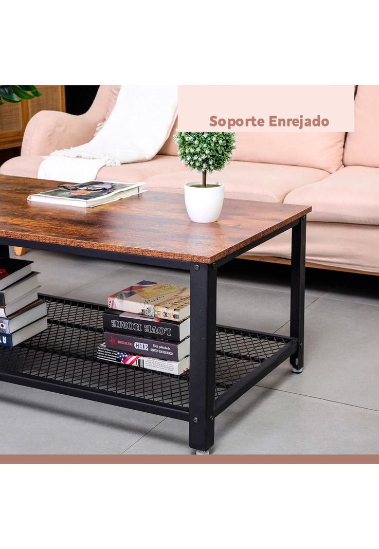 Mesa de centro metal madera oscura walnut enrejada 106x60-5