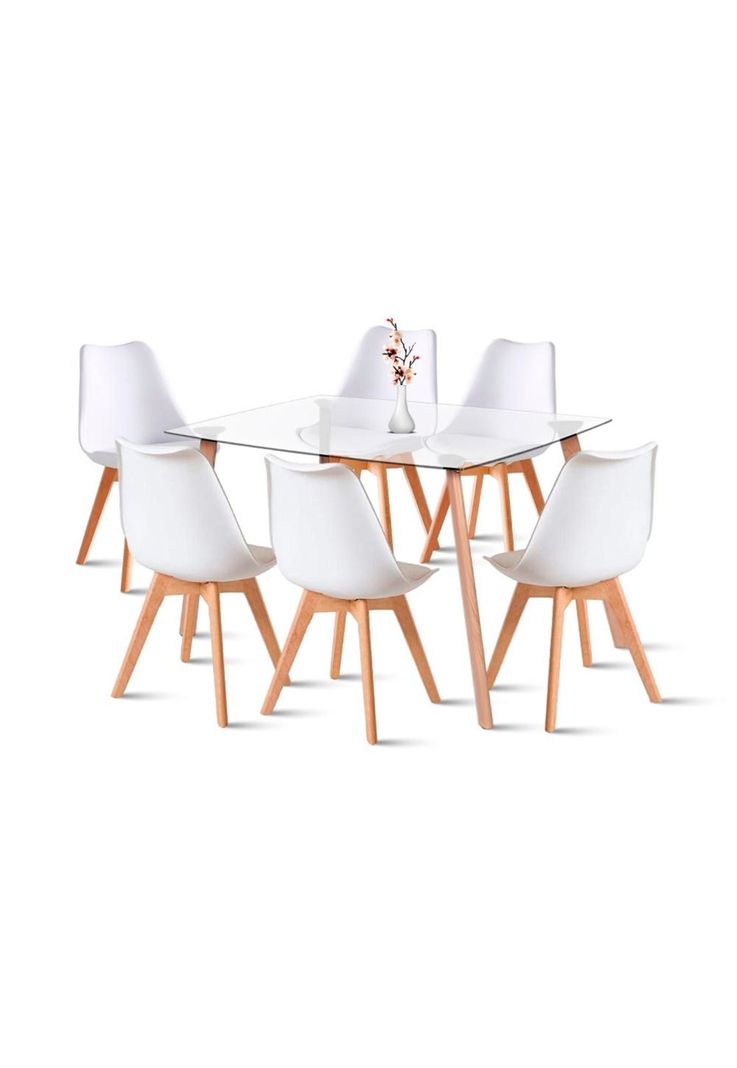 Comedor Mesa de Vidrio Nórdica 140x90 cm + 6 Sillas Tulip Blancas-0