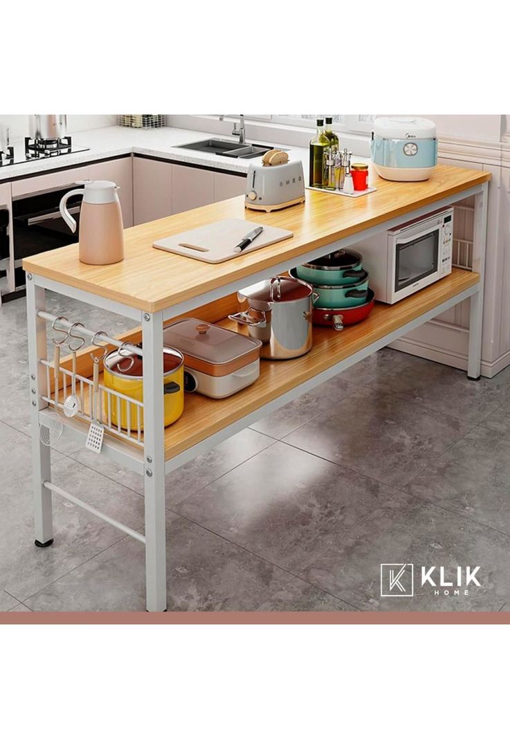 Mesa de cocina organizadora 2 niveles metal y madera clara - Blanca-1
