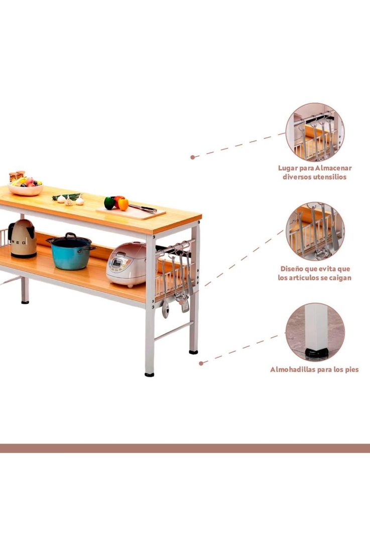 Mesa de cocina organizadora 2 niveles metal y madera clara - Blanca-2