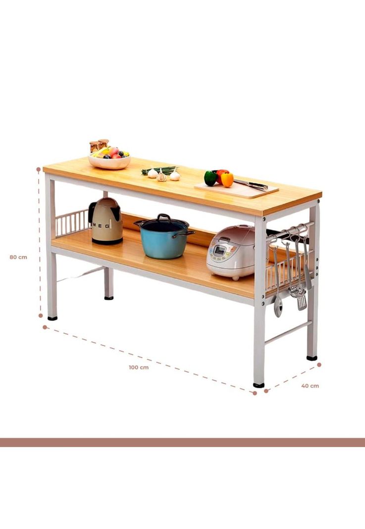 Mesa de cocina organizadora 2 niveles metal y madera clara - Blanca-3