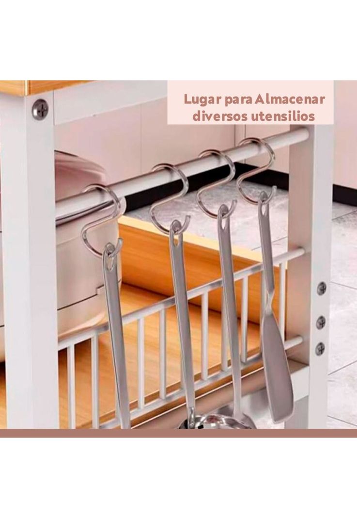 Mesa de cocina organizadora 2 niveles metal y madera clara - Blanca-4