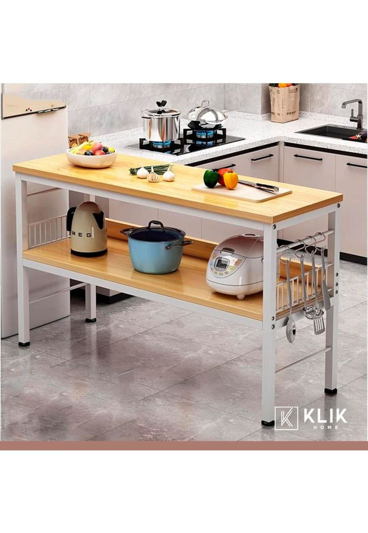 Mesa de cocina organizadora 2 niveles metal y madera clara - Blanca-7