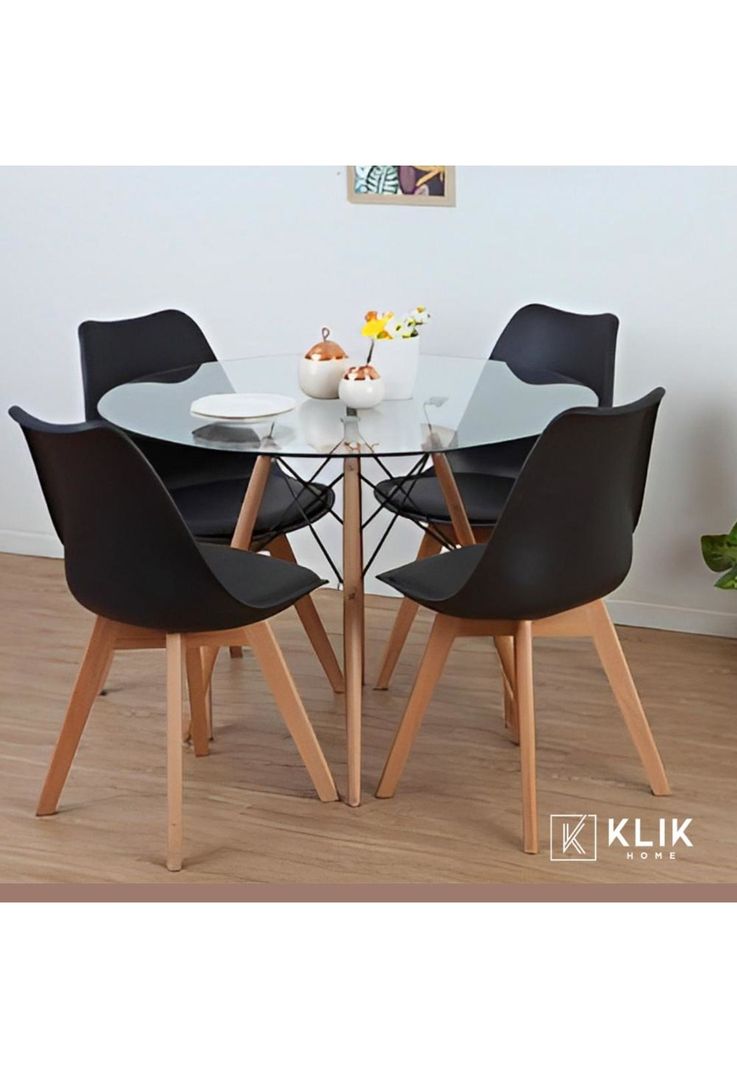Comedor Mesa Eames Vidrio 100 cm + 4 Sillas Tulip Negras-1