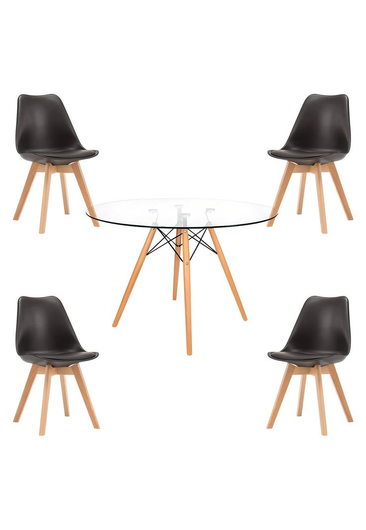 Comedor Mesa Eames Vidrio 100 cm + 4 Sillas Tulip Negras Negro