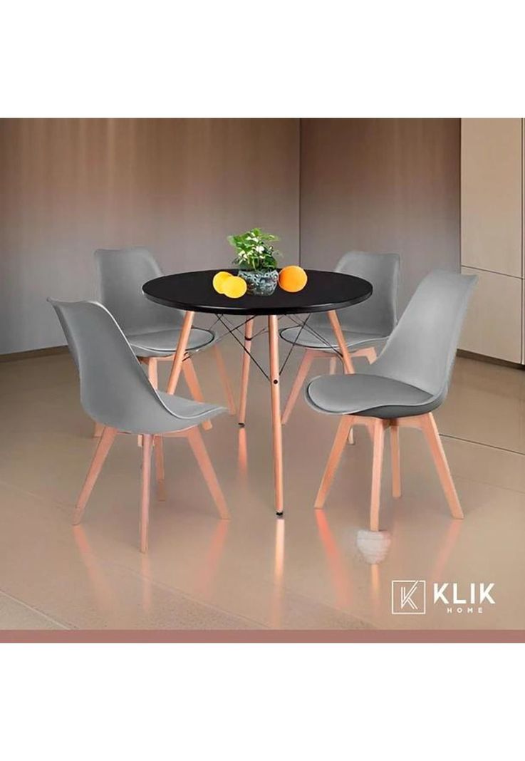 Comedor mesa Eames redonda negra 80cms + 4 sillas Tulip gris-1