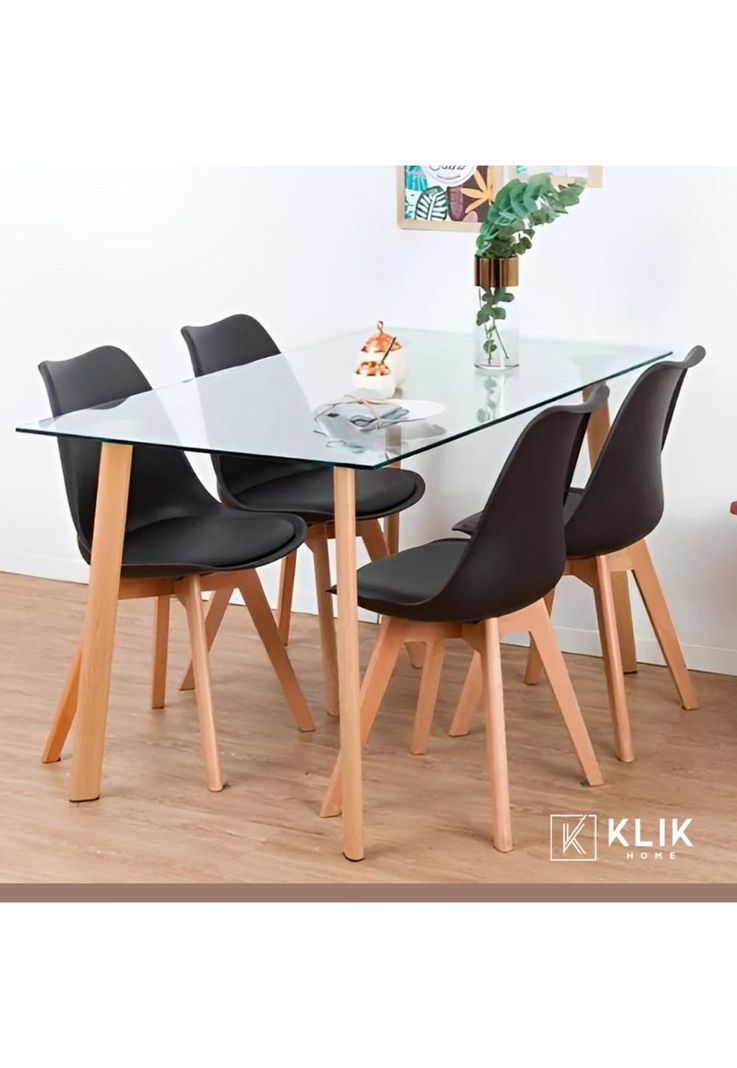 Comedor Mesa de Vidrio Nórdica 140x90 cm + 4 Sillas Tulip Negras-1
