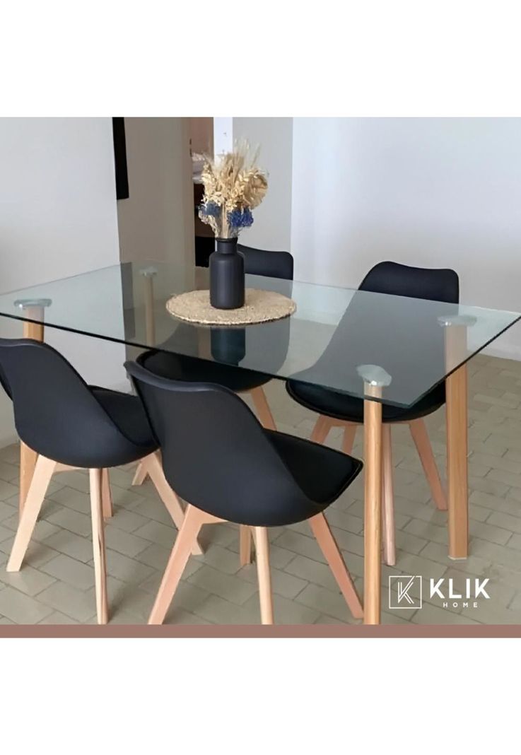 Comedor Mesa de Vidrio Nórdica 140x90 cm + 4 Sillas Tulip Negras-7