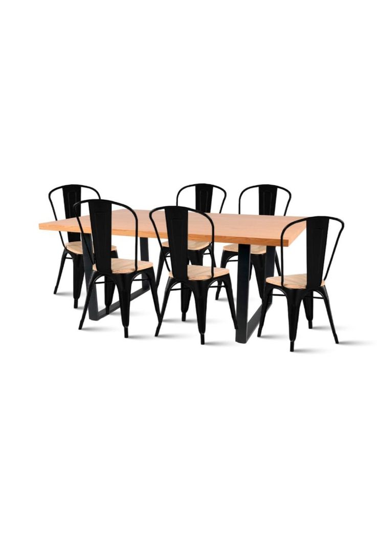 Comedor Estilo Industrial 160x90 Madera Clara + 6 sillas Tolix Negras con asiento de madera Clara-0