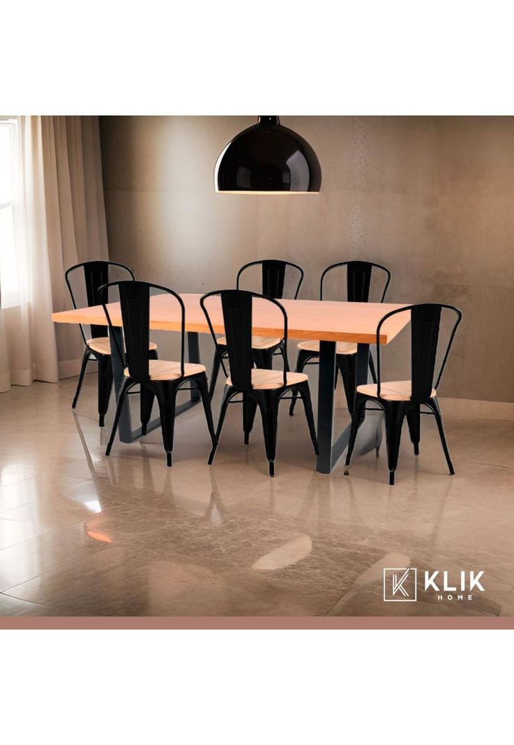 Comedor Estilo Industrial 160x90 Madera Clara + 6 sillas Tolix Negras con asiento de madera Clara-1