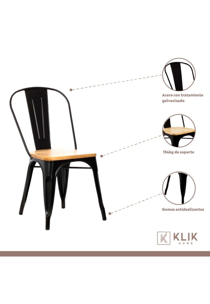 Comedor Estilo Industrial 160x90 Madera Clara + 6 sillas Tolix Negras con asiento de madera Clara-3