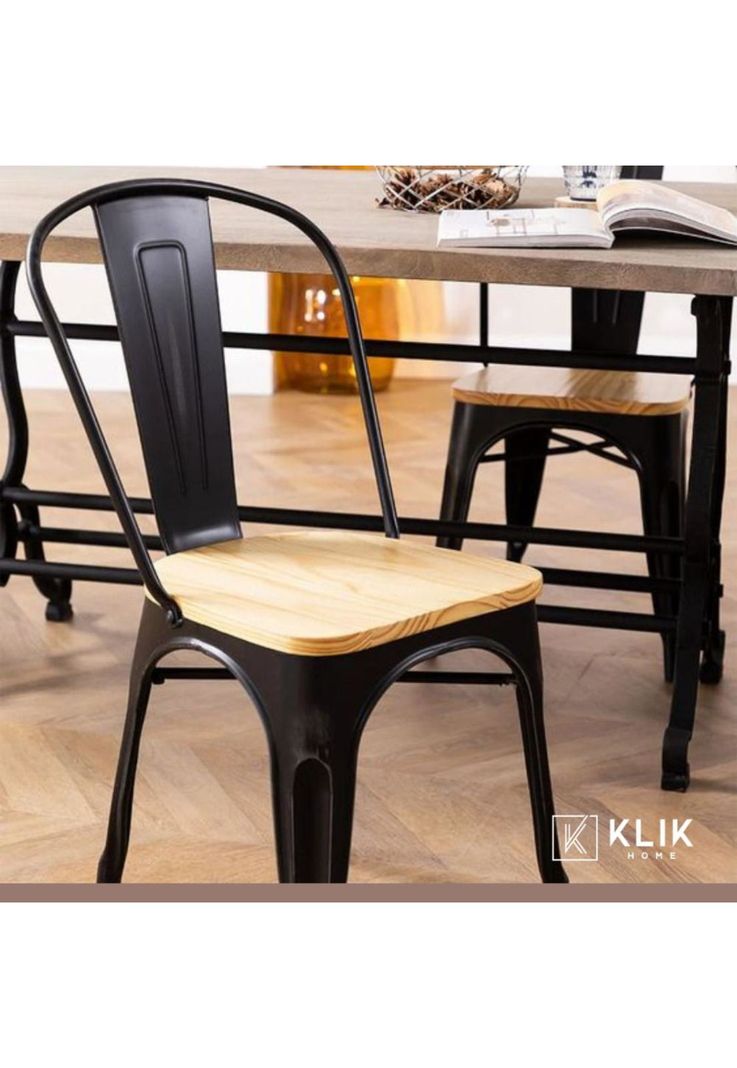 Comedor Estilo Industrial 160x90 Madera Clara + 6 sillas Tolix Negras con asiento de madera Clara-7