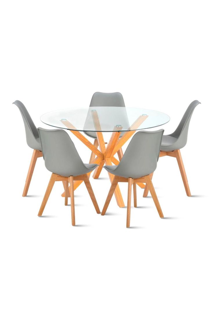 Comedor redondo de vidrio Cross 120cm + 5 Silla Tulip Acolchada - Gris-0