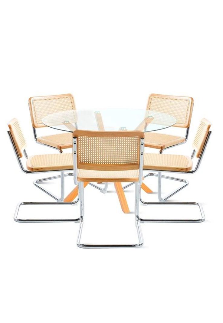 Comedor Mesa redonda de vidrio Cross 120cm + 5 Sillas Breuer madera-0