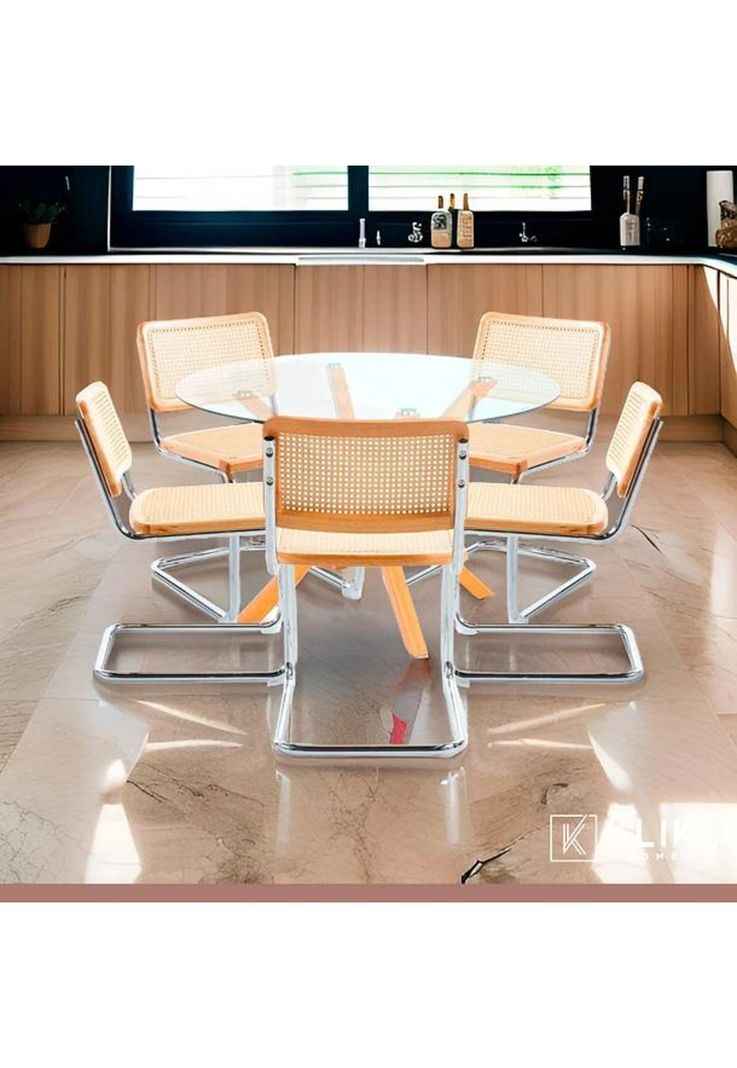Comedor Mesa redonda de vidrio Cross 120cm + 5 Sillas Breuer madera-1