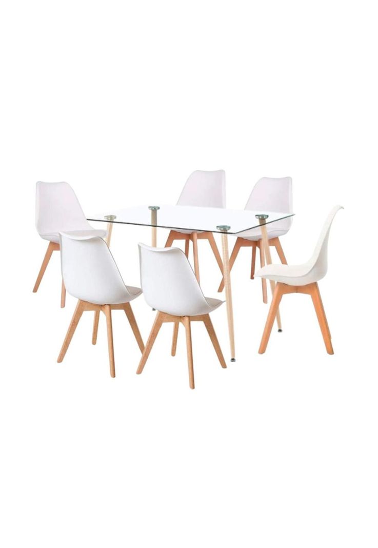 Comedor Mesa de Vidrio Rectangular 120x80 + 6 Sillas Tulip Blancas-0