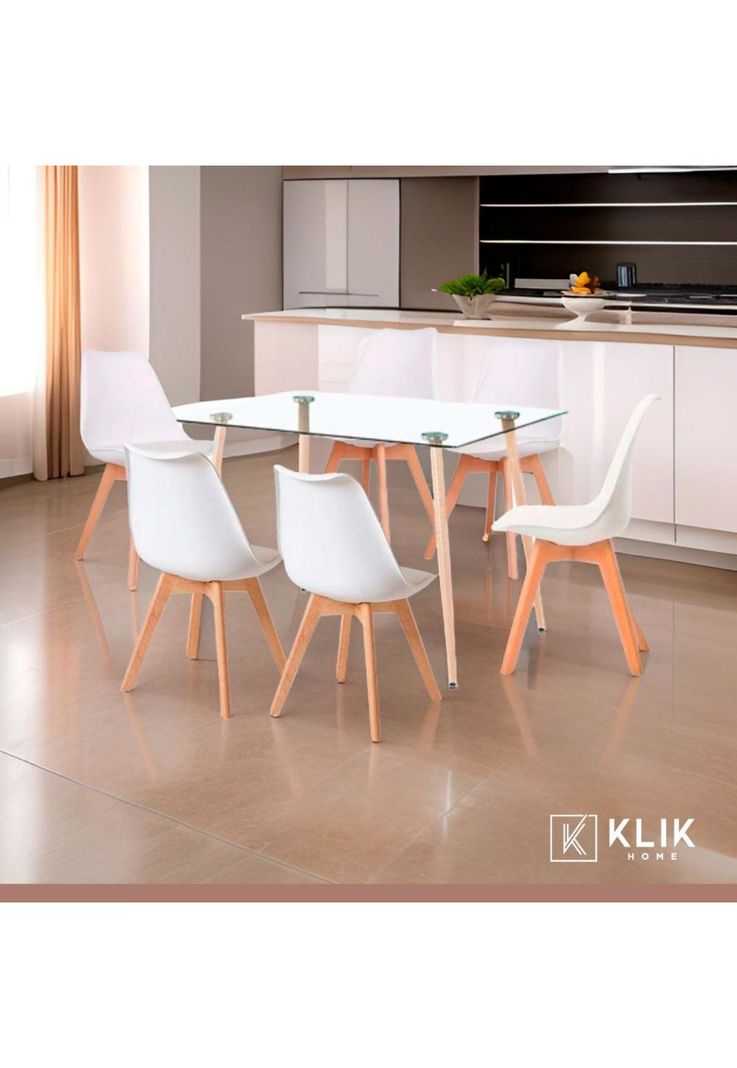 Comedor Mesa de Vidrio Rectangular 120x80 + 6 Sillas Tulip Blancas-1