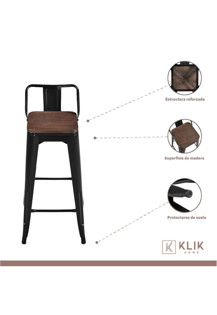 Taburete Tolix Negro Alto con Respaldo para bar o terraza - Asiento de Madera Oscura Walnut-2