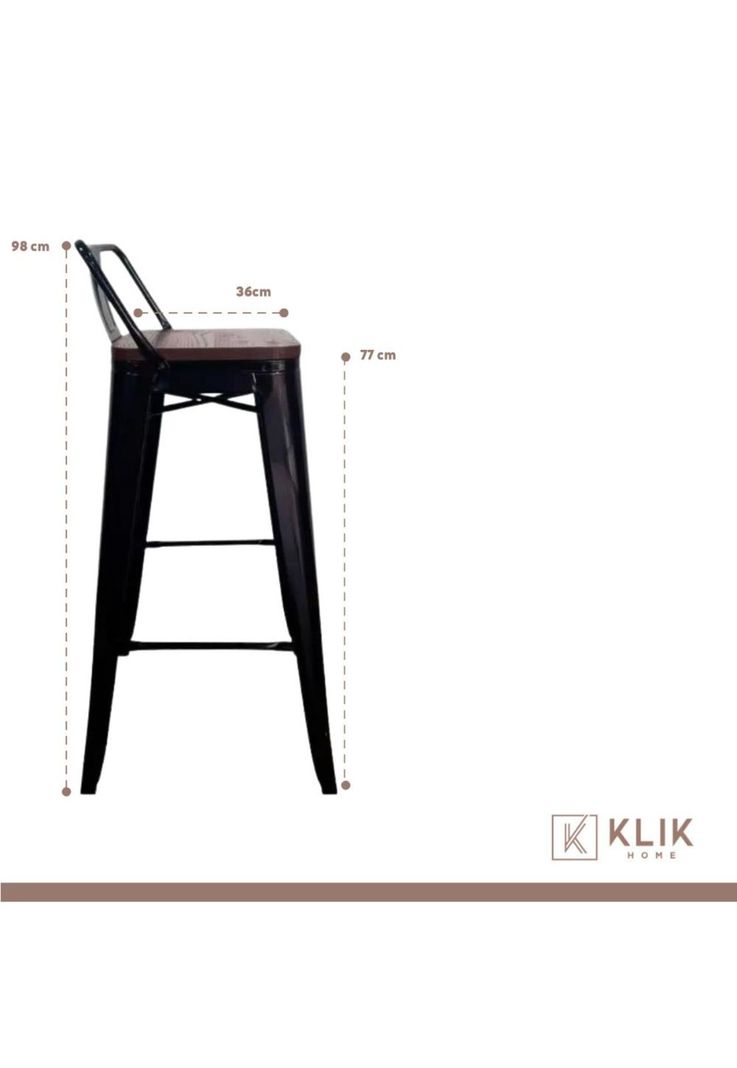 Taburete Tolix Negro Alto con Respaldo para bar o terraza - Asiento de Madera Oscura Walnut-3