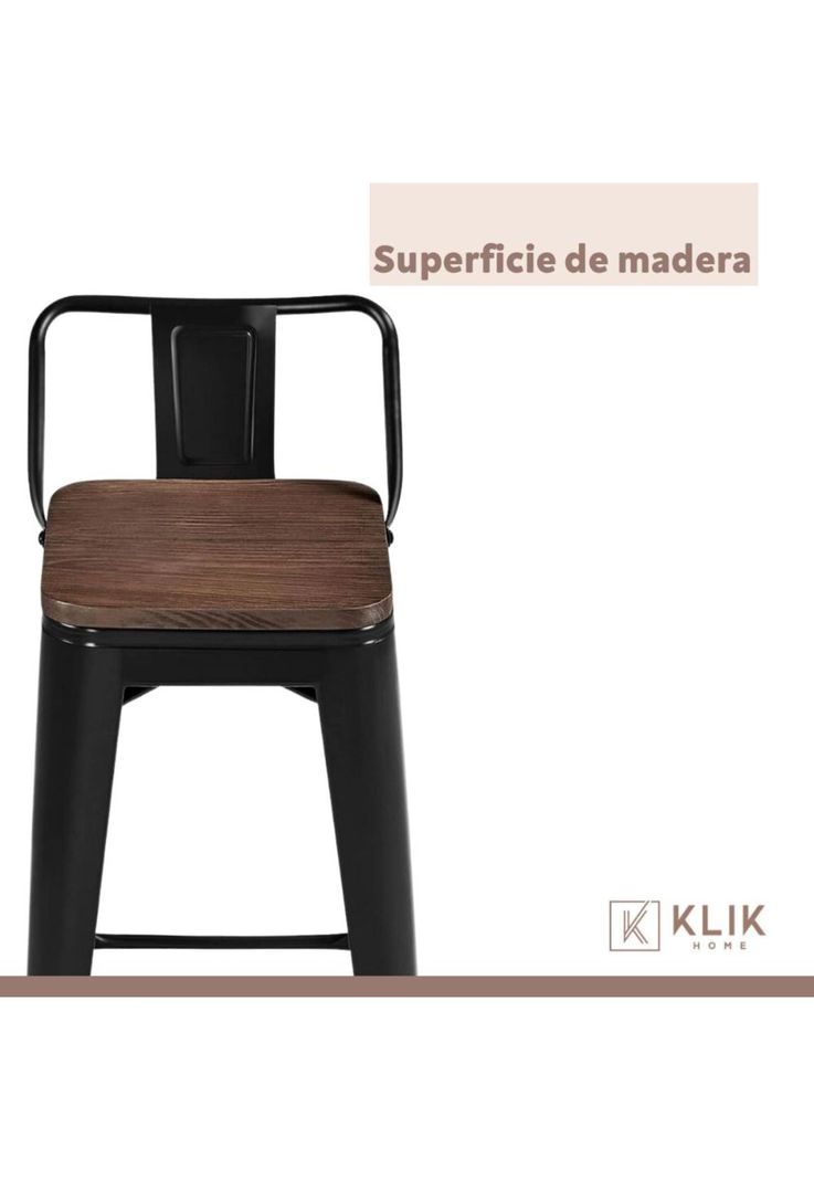 Taburete Tolix Negro Alto con Respaldo para bar o terraza - Asiento de Madera Oscura Walnut-4