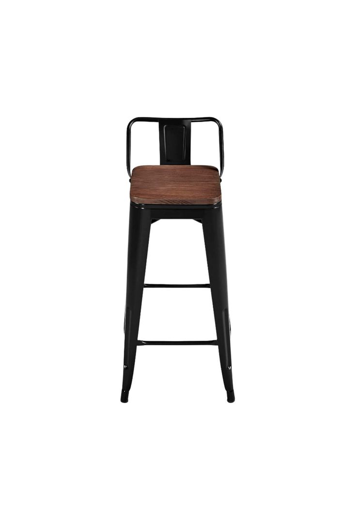 Taburete Tolix Negro Alto con Respaldo para bar o terraza - Asiento de Madera Oscura Walnut-0