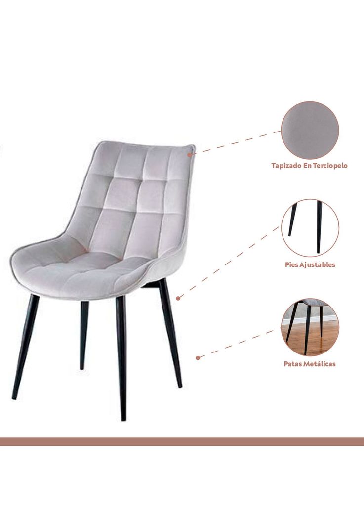 Comedor Mesa Vidrio Rectangular 120x80 + 6 Silla Macron Terciopelo - Gris-3