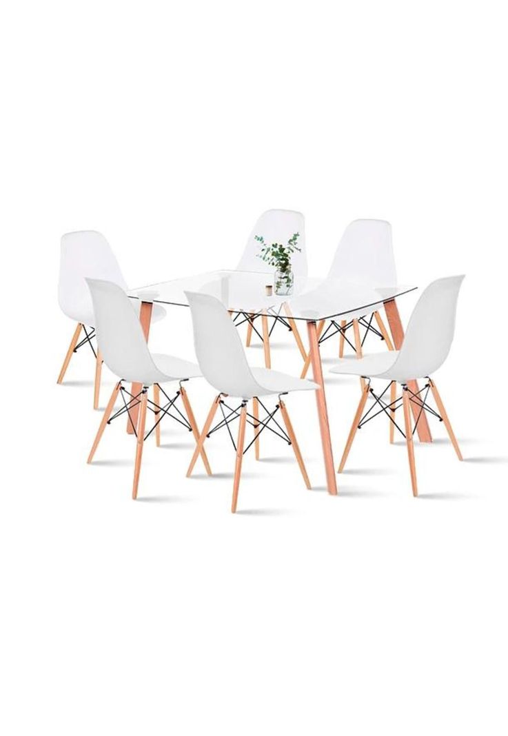 Comedor Mesa de Vidrio Nórdica 140x90 cm + 6 Sillas Eames Blancas-0