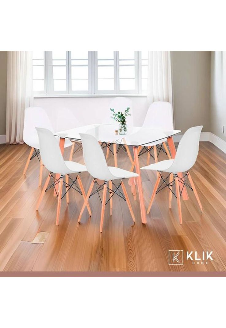 Comedor Mesa de Vidrio Nórdica 140x90 cm + 6 Sillas Eames Blancas-1