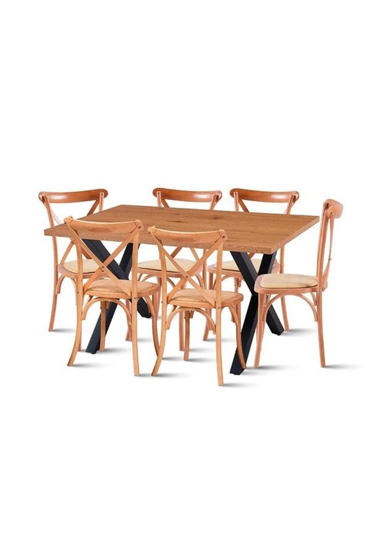 Comedor Mesa Color Madera y Metal Cross 140x90 + 6 Sillas Crossback Madera Rattan Natural-0